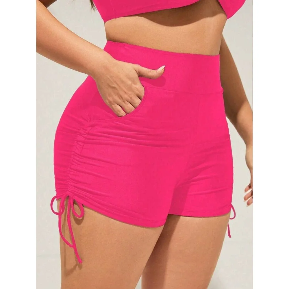 Womens Hot Pink High Waisted Ruched Side Tie Swim Shorts Pockets